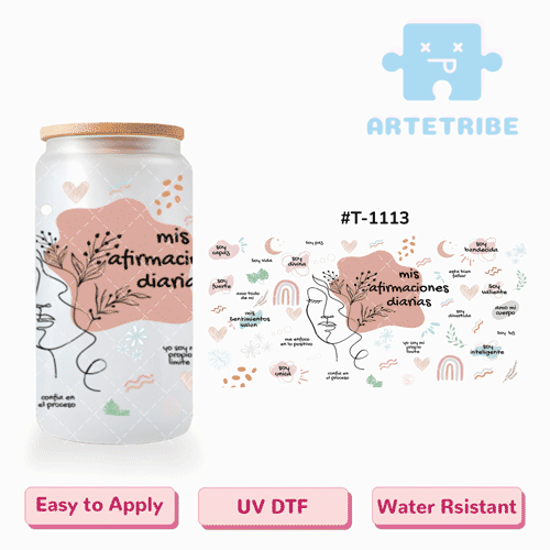 16oz uvdtf Morandi color rainbow moon heart leaves pretty girl Boho--#T-1113