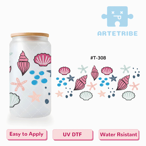 16oz uvdtf Ocean elements pink conch blue shell dark blue starfish --#T-308