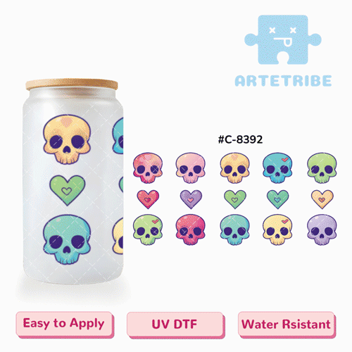 16oz uvdtf Valentine's Day colorful skull heart --#C-8392