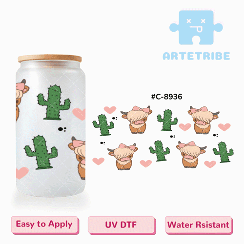 16oz uvdtf Valentine's Day pink heart cow bow green cactus--#C-8936