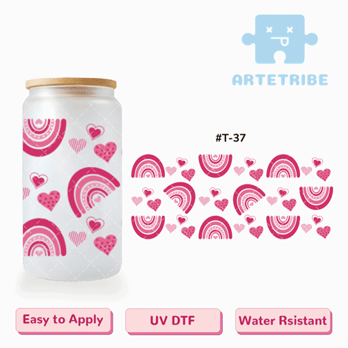 16oz uvdtf Valentine's Day pink heart rainbow--#T-37