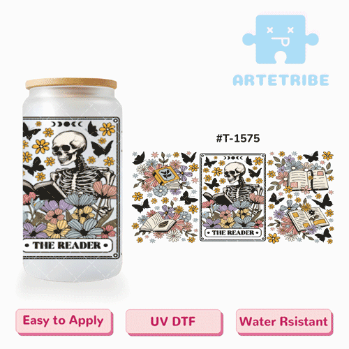 16oz uvdtf World Book and Copyright Day THE READER skeleton colorful flowers Boho--#T-1575