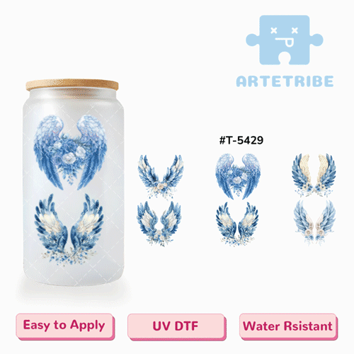 16oz uvdtf blue angel wings flowers--#T-5429
