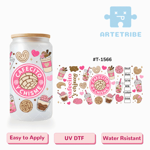 16oz uvdtf cafecito y chisme coffee bread pink brown tone--#T-1566