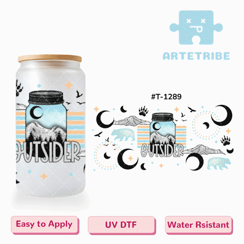 16oz uvdtf outsider black light blue grey glass bottle bear paw--#T-1289