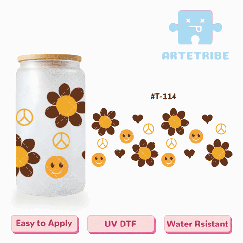 16oz uvdtf yellow brown flowers smilely face heart--#T-114