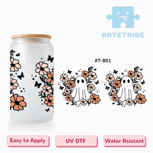 16oz uvdtf Halloween ghost pink flowers black butterfly Boho--#T-851