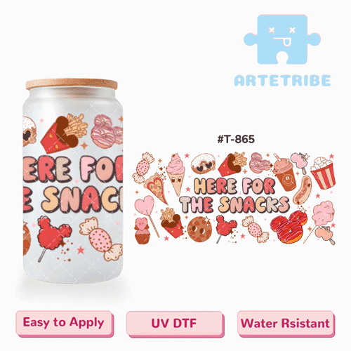 16oz uvdtf Here for the Snacks Candy Cones Donuts French Fries Milkshakes Ice cream Popsicles Popcorn Cotton candy Hot dogs Heart lollipops Cookies Cupcakes--#T-865