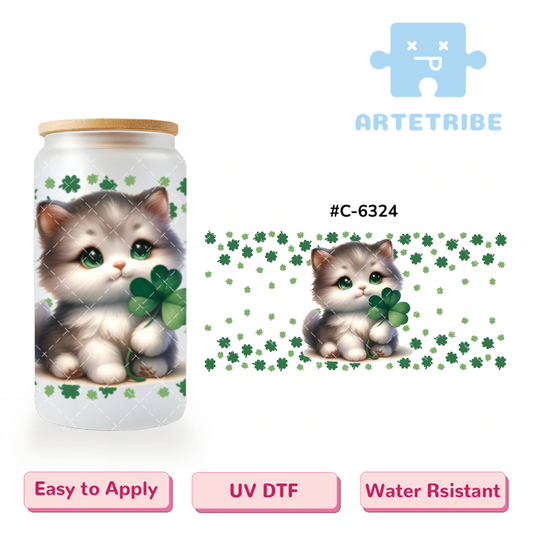 16oz uvdtf cute cat gray kitten green lucky shamrock--#C-6324