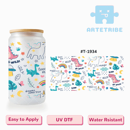 16oz uvdtf Be WILD magic love me cute dinosaur unicorn rainbow UFO Macaron color Boho--#T-1934