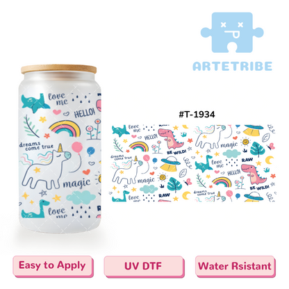 16oz uvdtf Be WILD magic love me cute dinosaur unicorn rainbow UFO Macaron color Boho--#T-1934