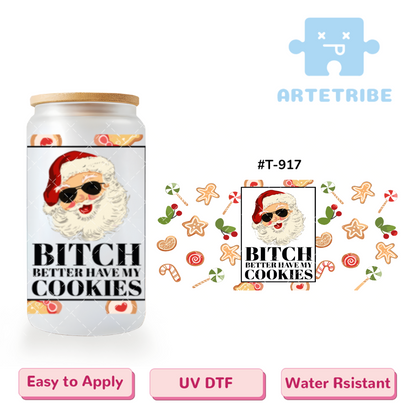 16oz uvdtf Christmas Bitch better have my cookies gingerbread man star heart cherry Lollipop--#T-917