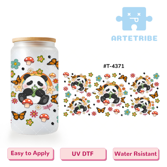 16oz uvdtf Cute Panda with banboo butterfly flower mushroom--#T-4371