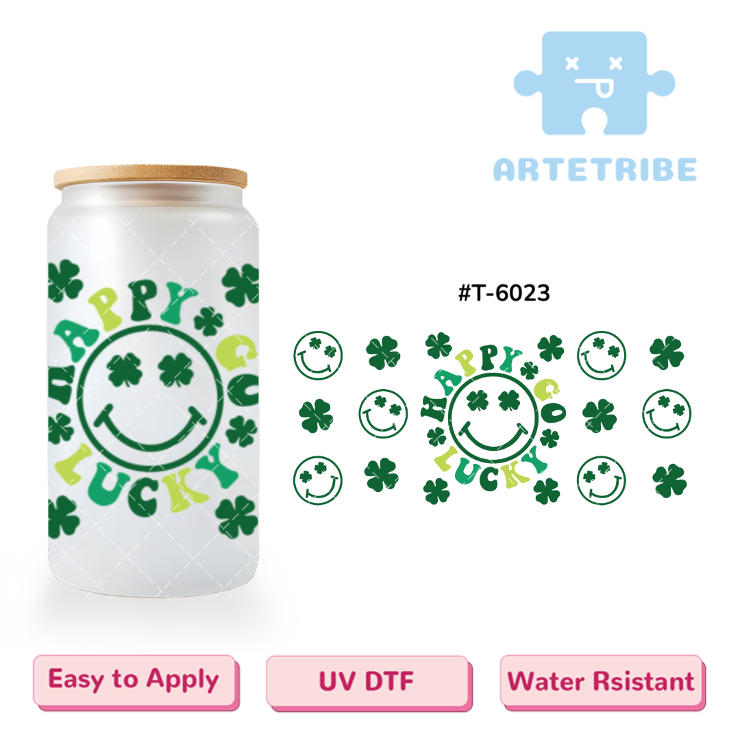 16oz uvdtf HAPPY GO LUCKY shamrock smiley face green tone Boho--#T-6023