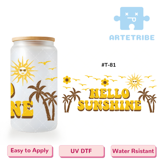 16oz uvdtf HELLO SUNSHINE beach coconut trees and seagulls by the sea--#T-81