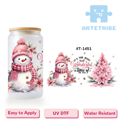 16oz uvdtf IT'S THE MOST Wonderful time of THE YEAR snow man flower pine pink tone Boho--#T-1451