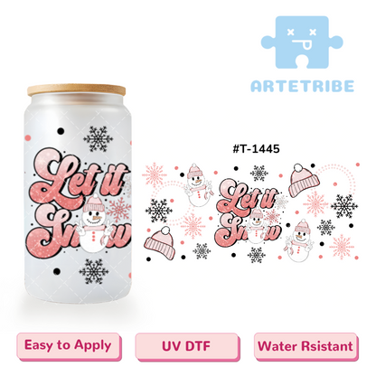 16oz uvdtf Let it Snow winter snow man snow flake pink tone Boho--#T-1445