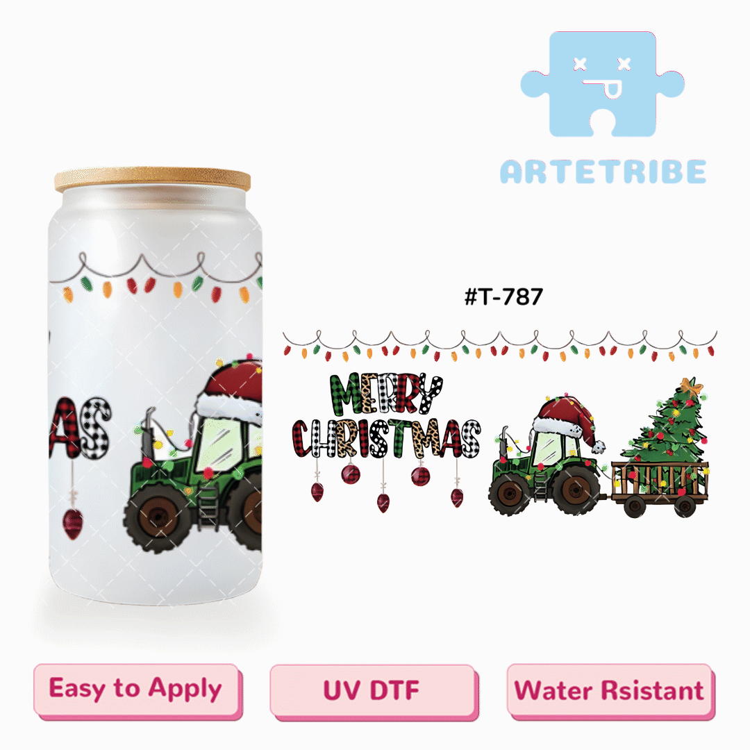 16oz uvdtf Merry Christmas Colored string lights Spotted pattern tractor pine Santa hat--#T-787