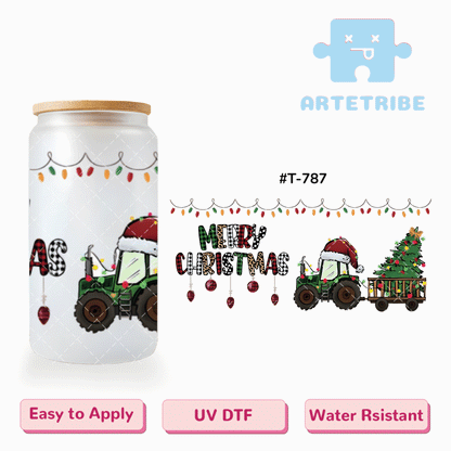 16oz uvdtf Merry Christmas Colored string lights Spotted pattern tractor pine Santa hat--#T-787