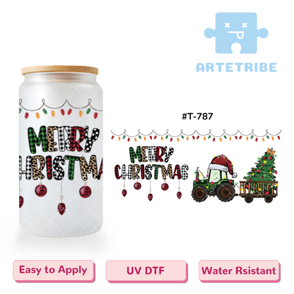 16oz uvdtf Merry Christmas Colored string lights Spotted pattern tractor pine Santa hat--#T-787