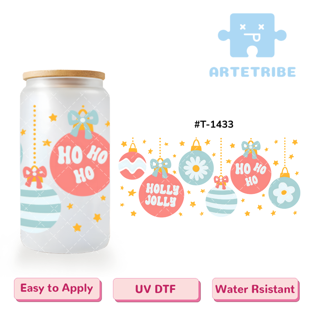 16oz uvdtf Merry Christmas HOLLY JOLLY HO colorful balls star blue red tone Boho--#T-1433