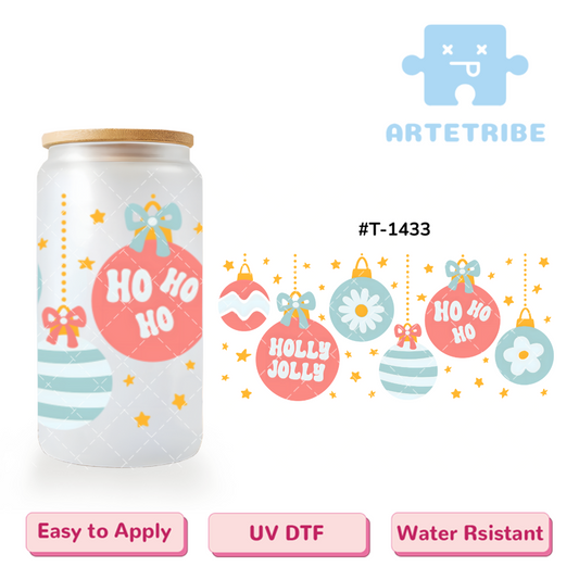 16oz uvdtf Merry Christmas HOLLY JOLLY HO colorful balls star blue red tone Boho--#T-1433