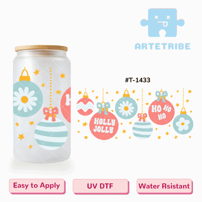 16oz uvdtf Merry Christmas HOLLY JOLLY HO colorful balls star blue red tone Boho--#T-1433