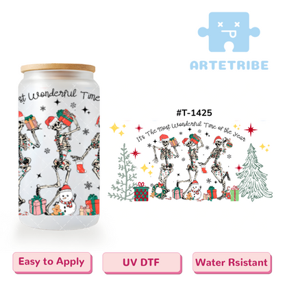 16oz uvdtf Merry Christmas the most wonderful Time of the year skeleton pine gift snowman Boho--#T-1425