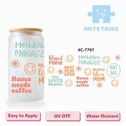 16oz uvdtf Mother's Day blessed mama best mom ever one loved mama coffee smilely face flower Macaron Colors Boho--#C-7797