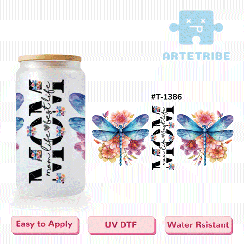16oz uvdtf Mother's Day mom blue dragonfly colorful flower--#T-1386