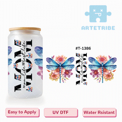 16oz uvdtf Mother's Day mom blue dragonfly colorful flower--#T-1386