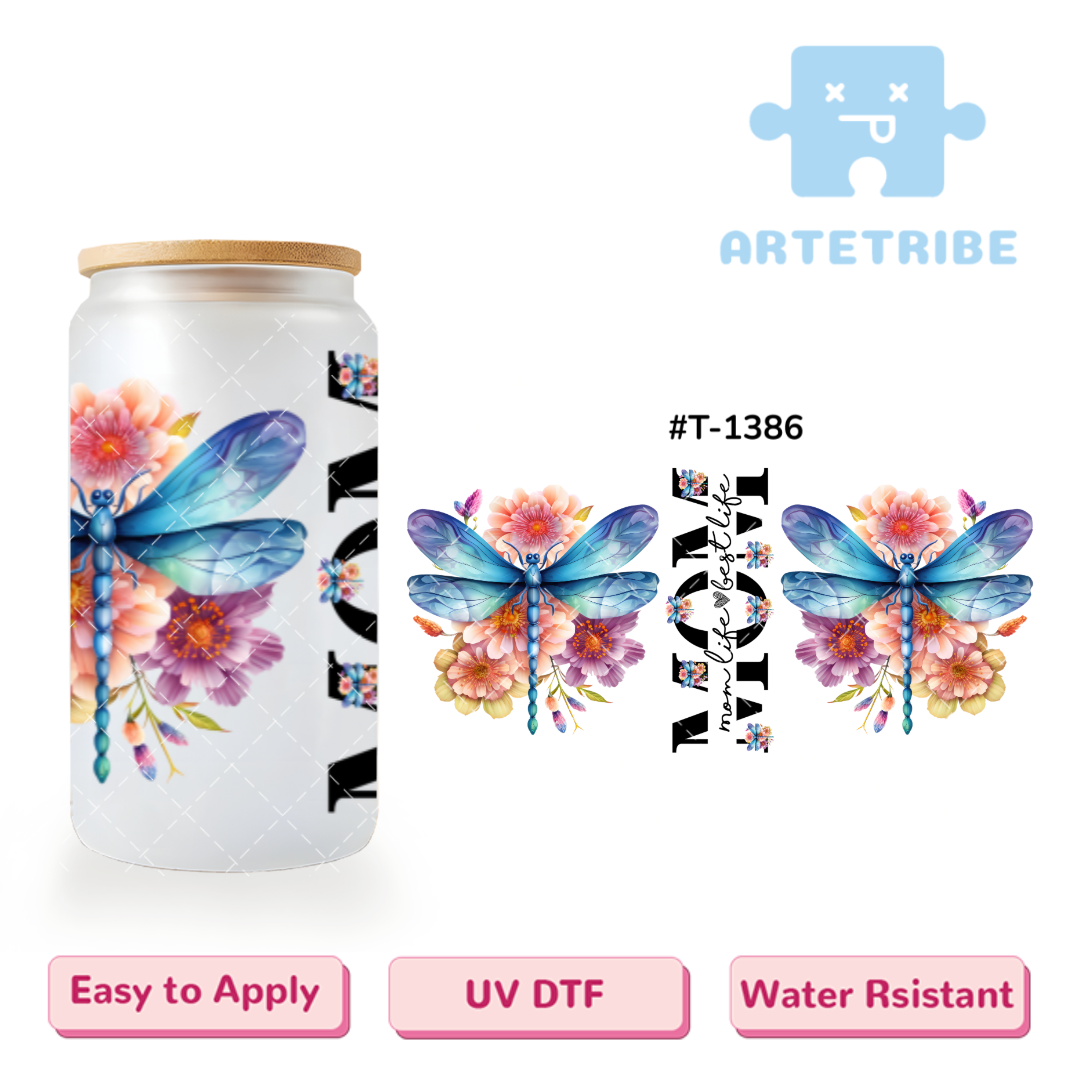 16oz uvdtf Mother's Day mom blue dragonfly colorful flower--#T-1386