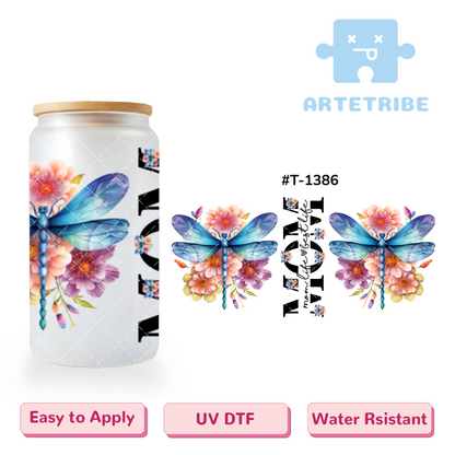 16oz uvdtf Mother's Day mom blue dragonfly colorful flower--#T-1386