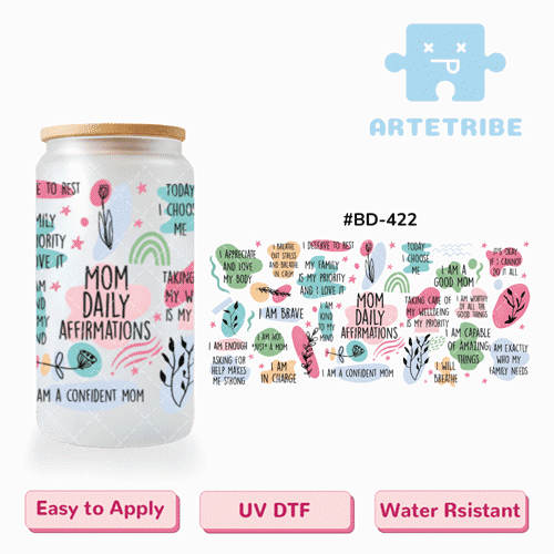 16oz uvdtf Mother's Day mom daily affirmations floral pink green purple yellow Irregular colorful blocks Boho--#BD-422