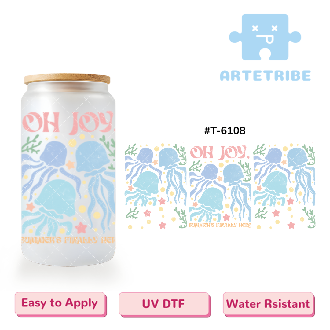 16oz uvdtf OH JOY SUMMER'S FINAL TIME jellyfish starfish sea grass blue pink yellow Boho--#T-6108