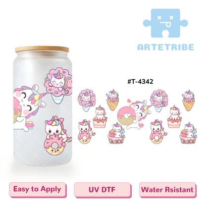 16oz uvdtf Rainbow Unicorn with sweet donut ice-cream cake pink tone--#T-4342