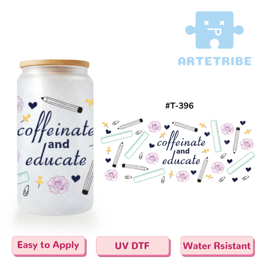 16oz uvdtf Teachers' Day coffeinate and educate coffee pencil ruler rose heart pin floral pattern Boho--#T-396