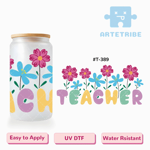 16oz uvdtf Teachers' Day rose red blue flower Macaron color Boho--#T-389