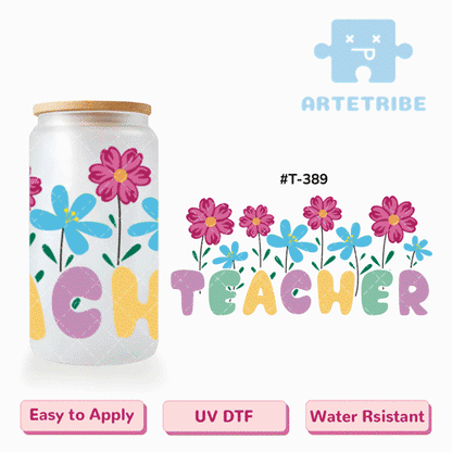 16oz uvdtf Teachers' Day rose red blue flower Macaron color Boho--#T-389