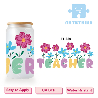 16oz uvdtf Teachers' Day rose red blue flower Macaron color Boho--#T-389