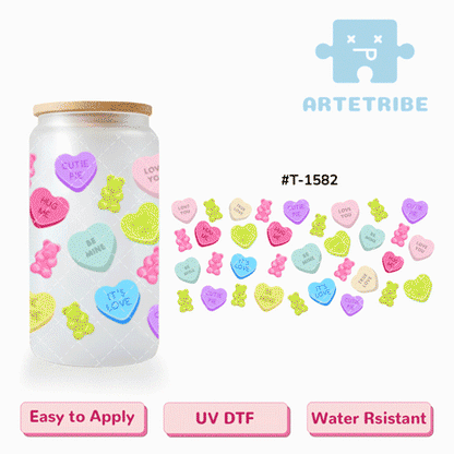 16oz uvdtf Valentine's Day colorful hearts bears--#T-1582