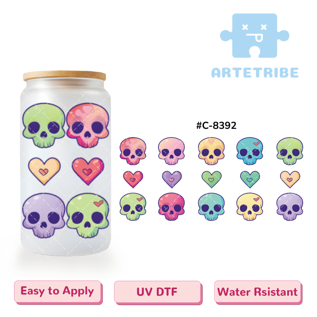 16oz uvdtf Valentine's Day colorful skull heart --#C-8392