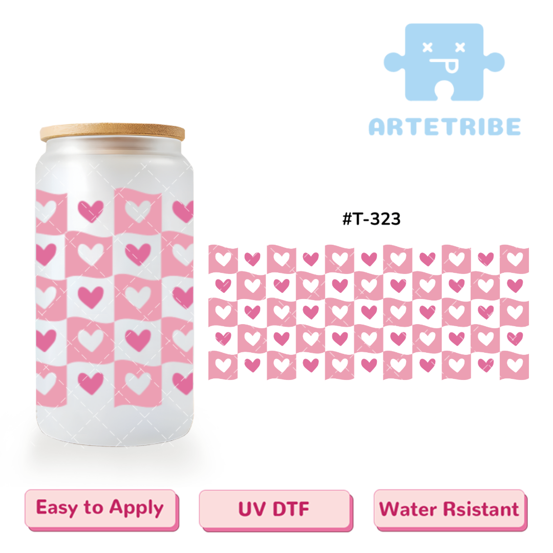 16oz uvdtf Valentine's Day grid pink heart--#T-323