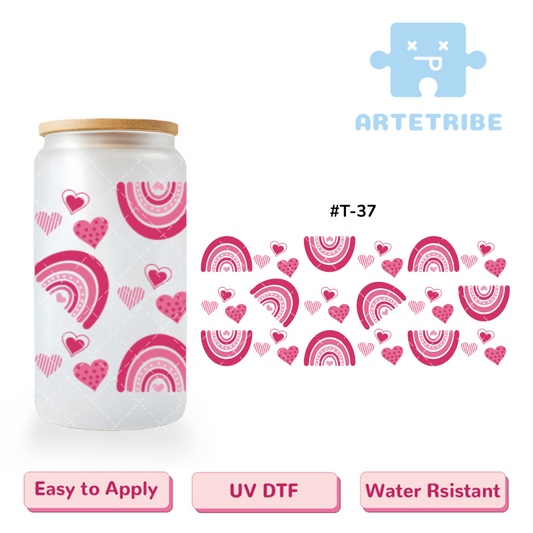 16oz uvdtf Valentine's Day pink heart rainbow--#T-37