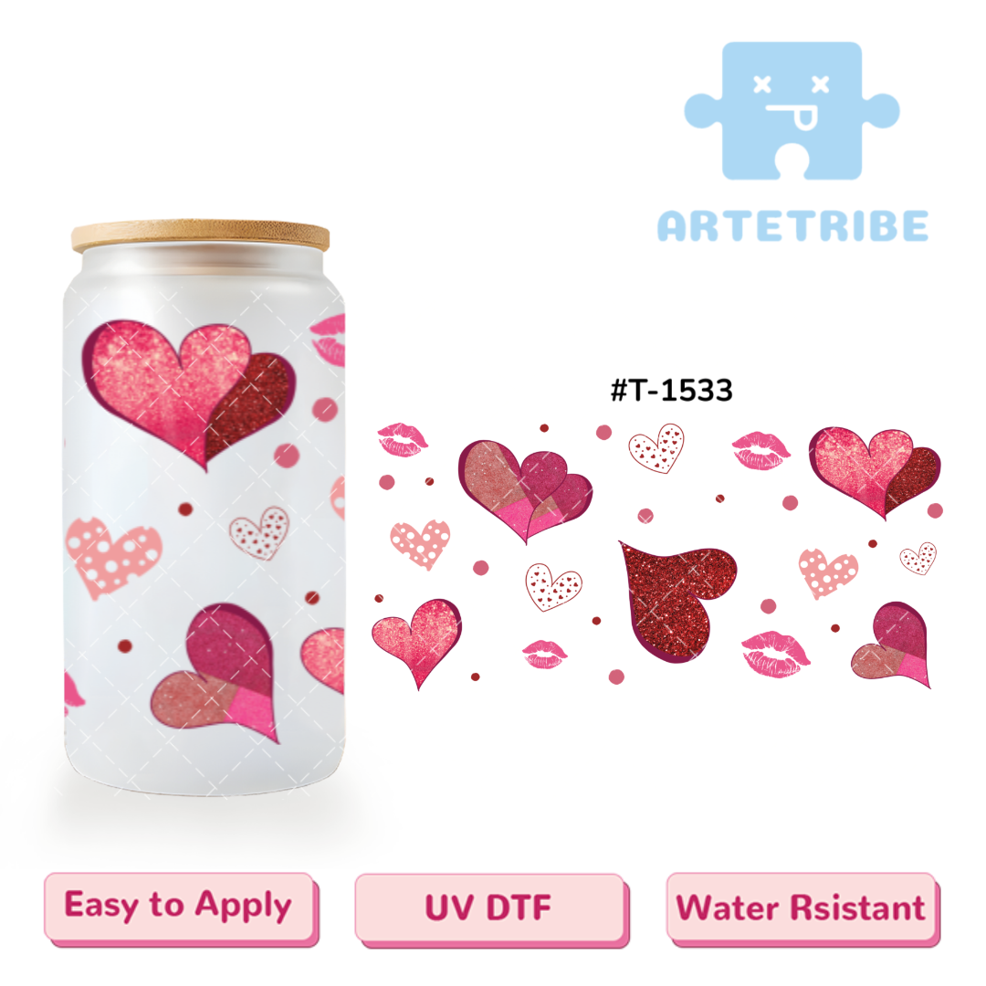 16oz uvdtf Valentine's Day red pink hearts--#T-1533