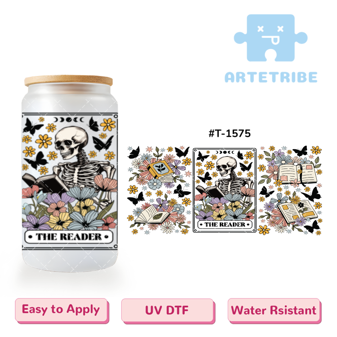 16oz uvdtf World Book and Copyright Day THE READER skeleton colorful flowers Boho--#T-1575