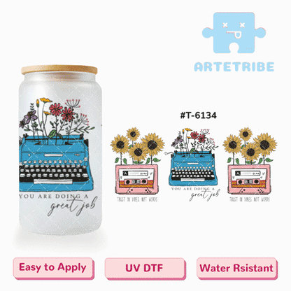 16oz uvdtf YOU ARE DOING A GREAT JOB flower with old typewriter tape Boho--#T-6134