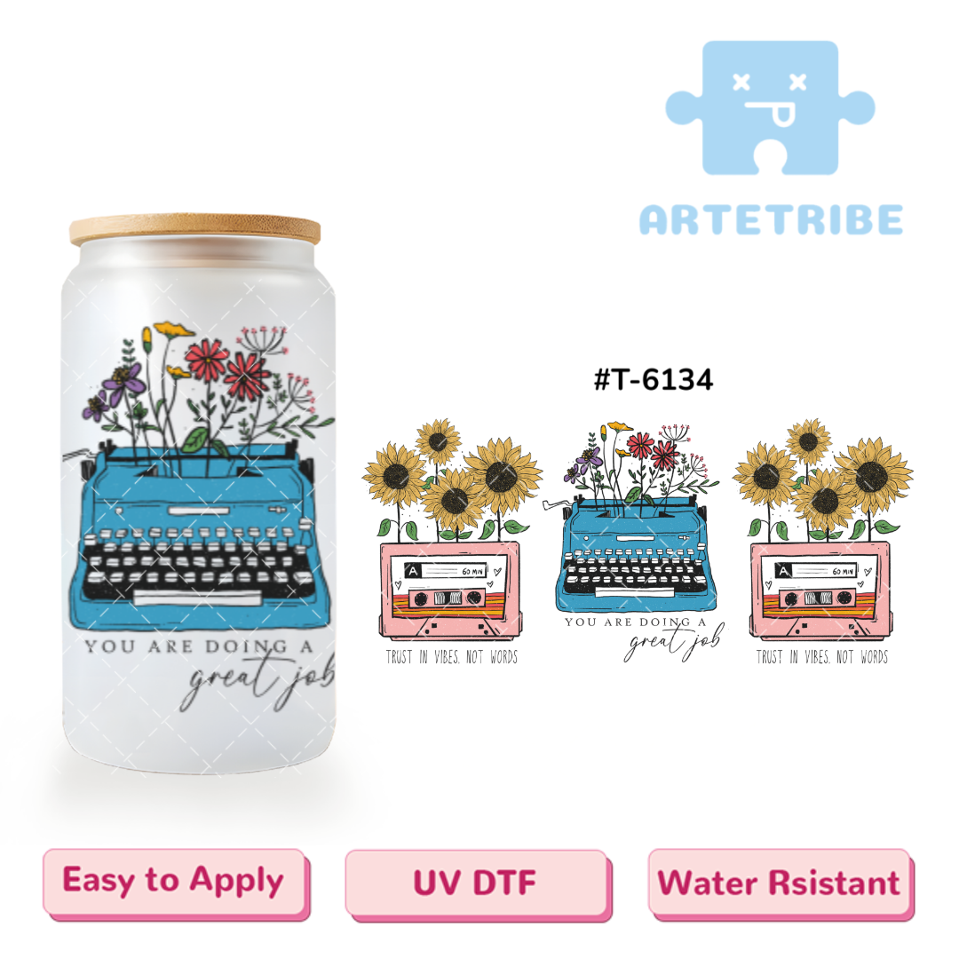 16oz uvdtf YOU ARE DOING A GREAT JOB flower with old typewriter tape Boho--#T-6134