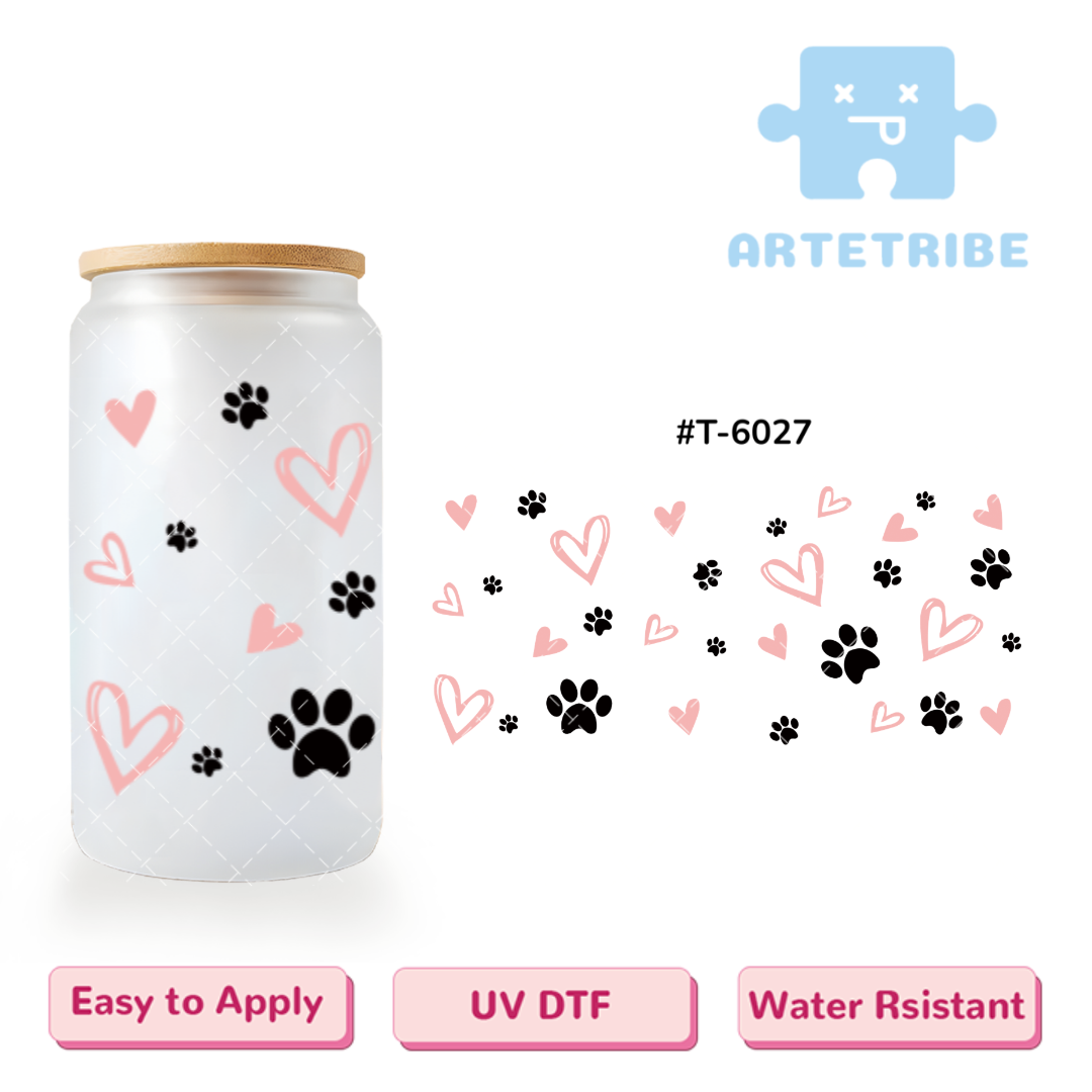 16oz uvdtf black pet dog paw pink heart Boho--#T-6027