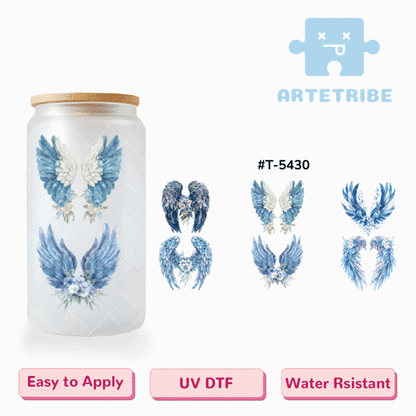 16oz uvdtf blue angel wings flowers--#T-5430